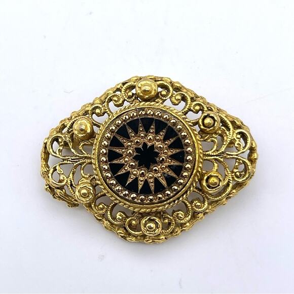 Vintage Ornate Gold-Tone Filigree Brooch Pin Black Starburst Florenza-Style - Picture 3 of 10